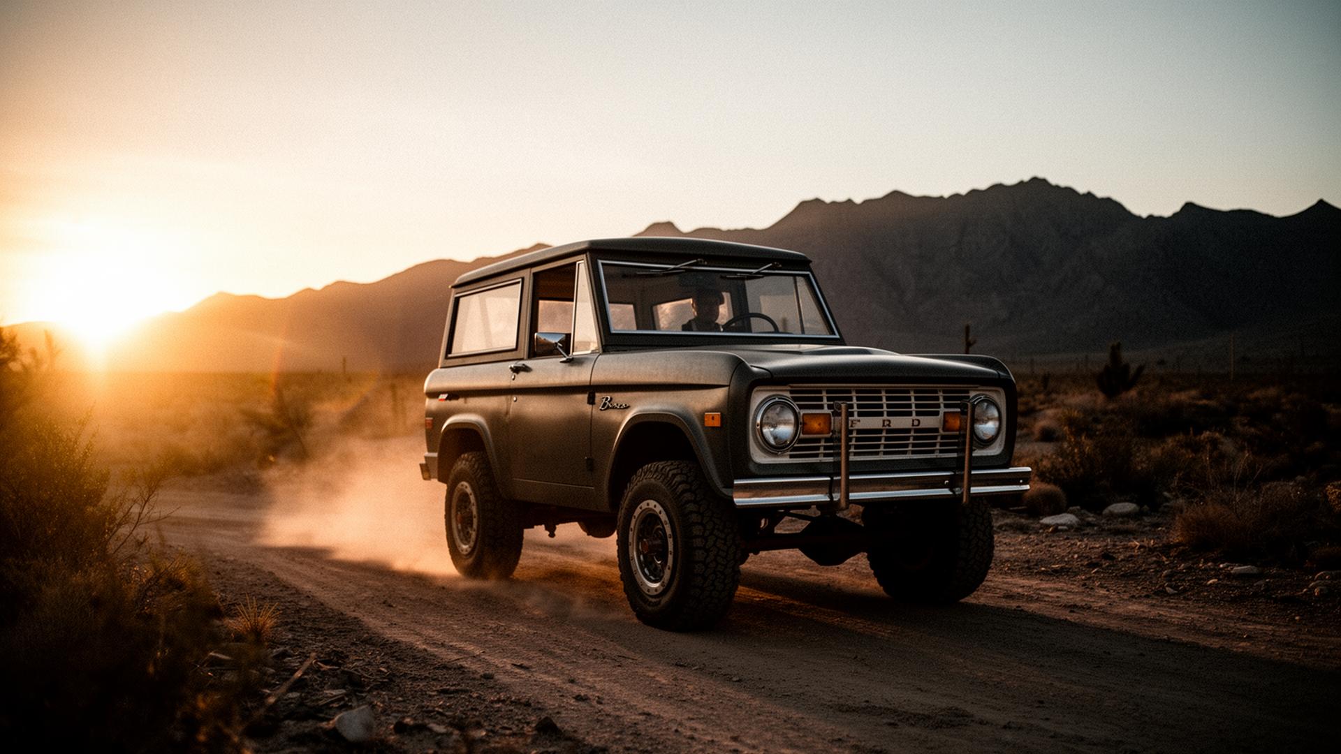 Vintage Ford Bronco on a desert trail at sunset